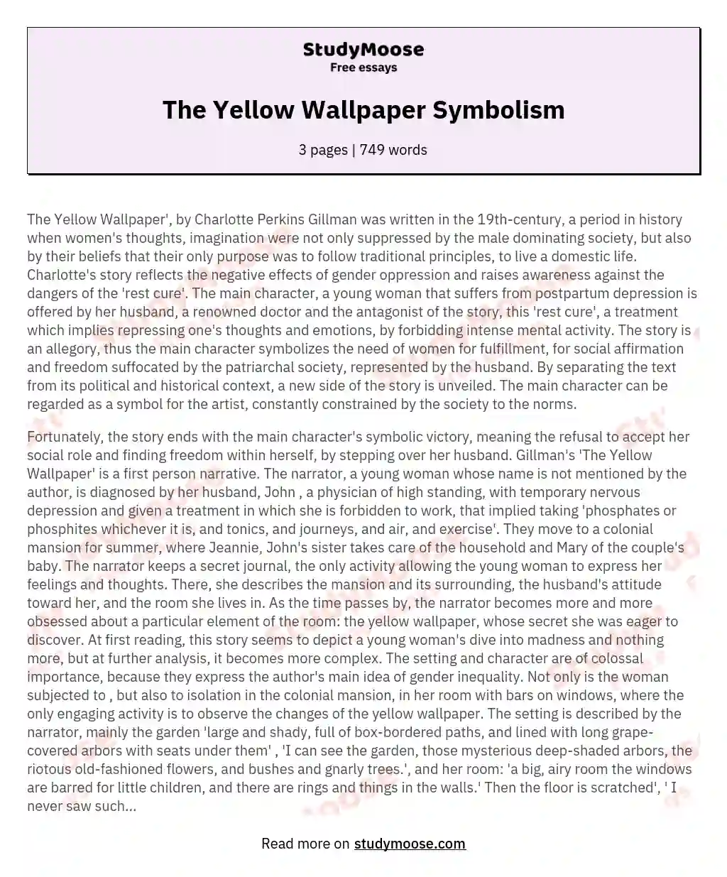 The Yellow Wallpaper Symbolism Essay - Free Essay Example