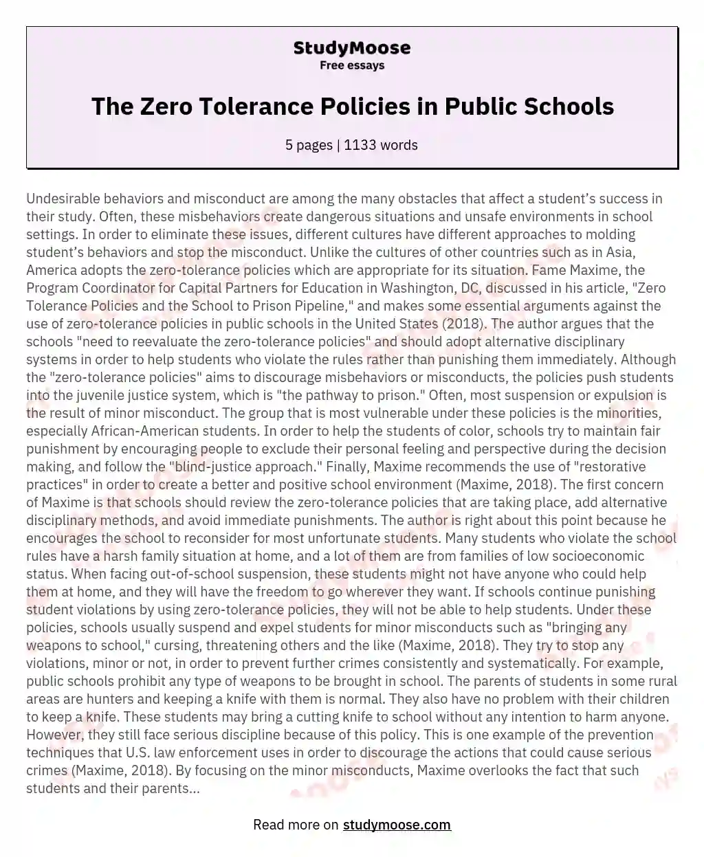 The Zero Tolerance Policies in Public Schools essay