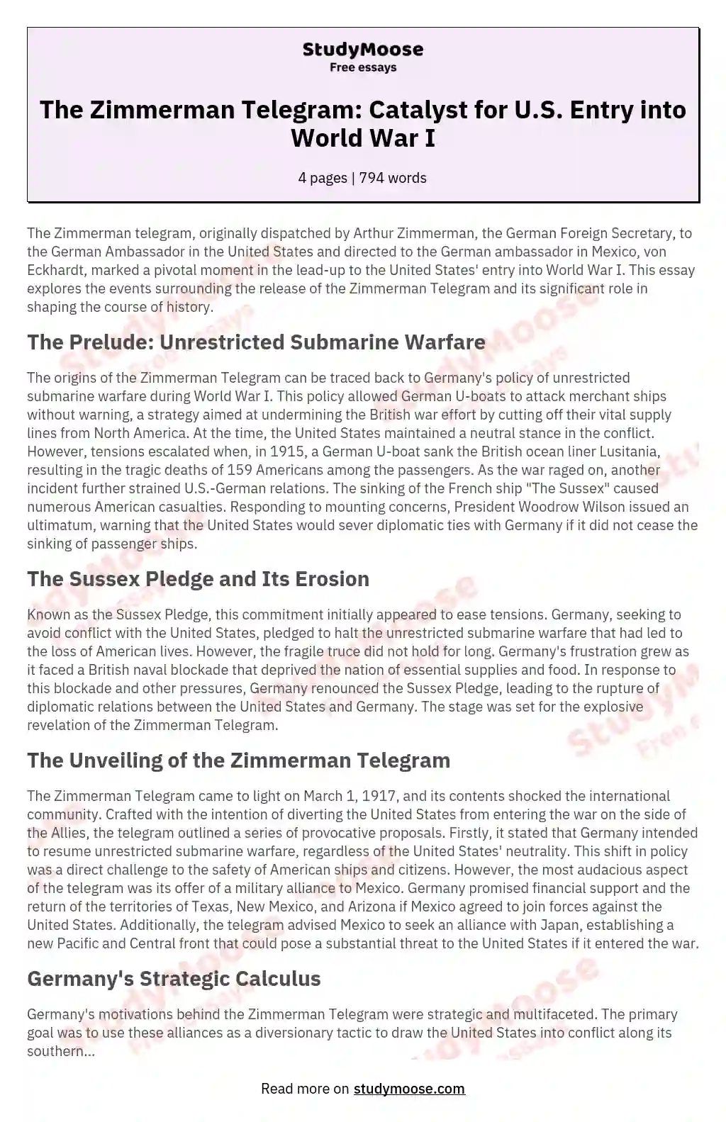 The Zimmerman Telegram: Catalyst for U.S. Entry into World War I essay