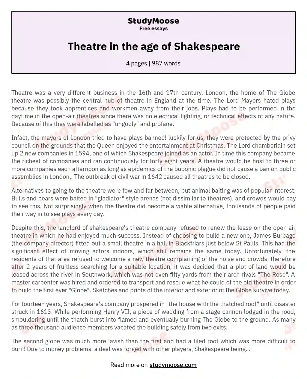 Theatre in the age of Shakespeare essay