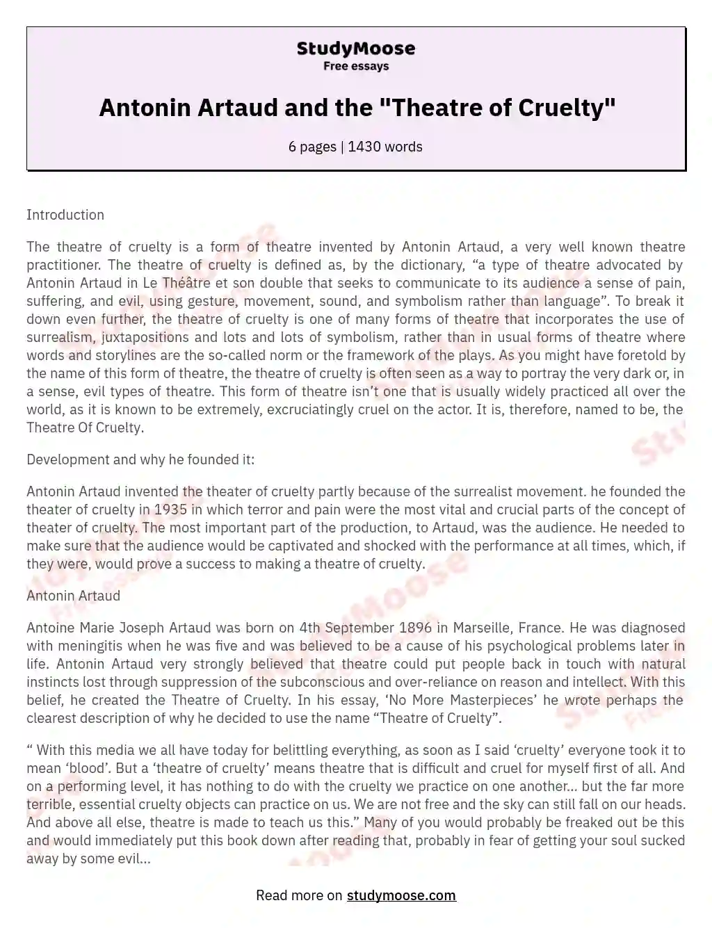 Antonin Artaud and the "Theatre of Cruelty" essay