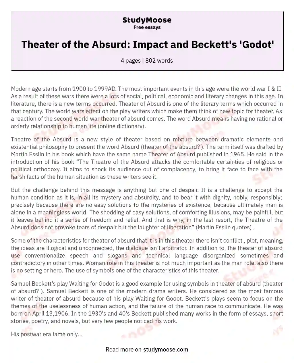 Theater of the Absurd: Impact and Beckett's 'Godot' essay
