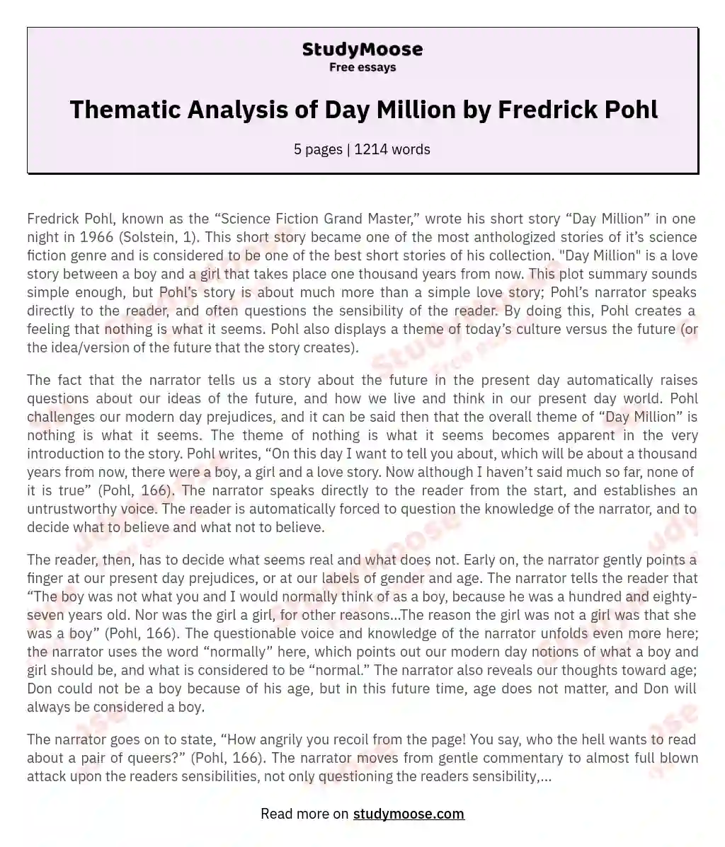 Thematic Analysis of Day Million by Fredrick Pohl essay