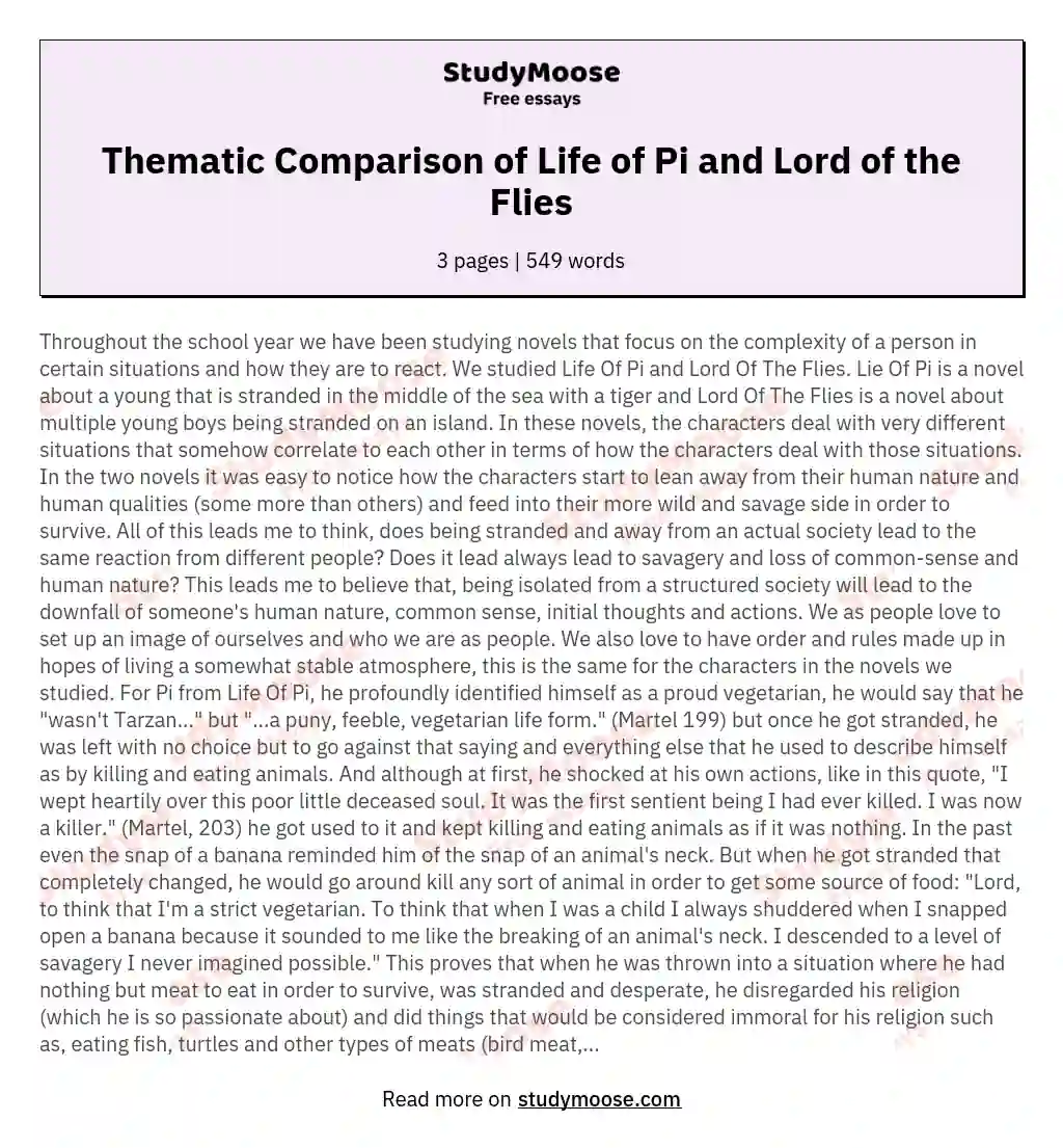 Thematic Comparison of Life of Pi and Lord of the Flies