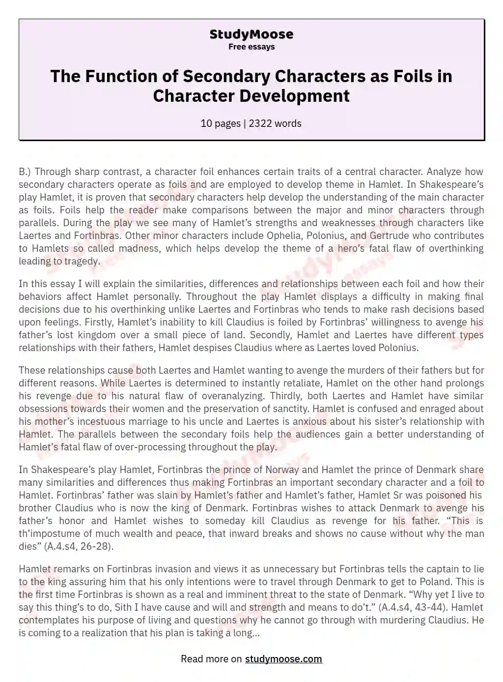 The Function of Secondary Characters as Foils in Character Development essay
