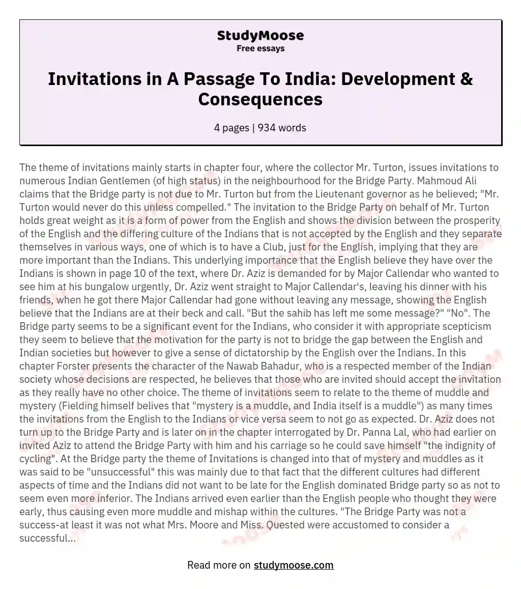 Invitations in A Passage To India: Development & Consequences essay