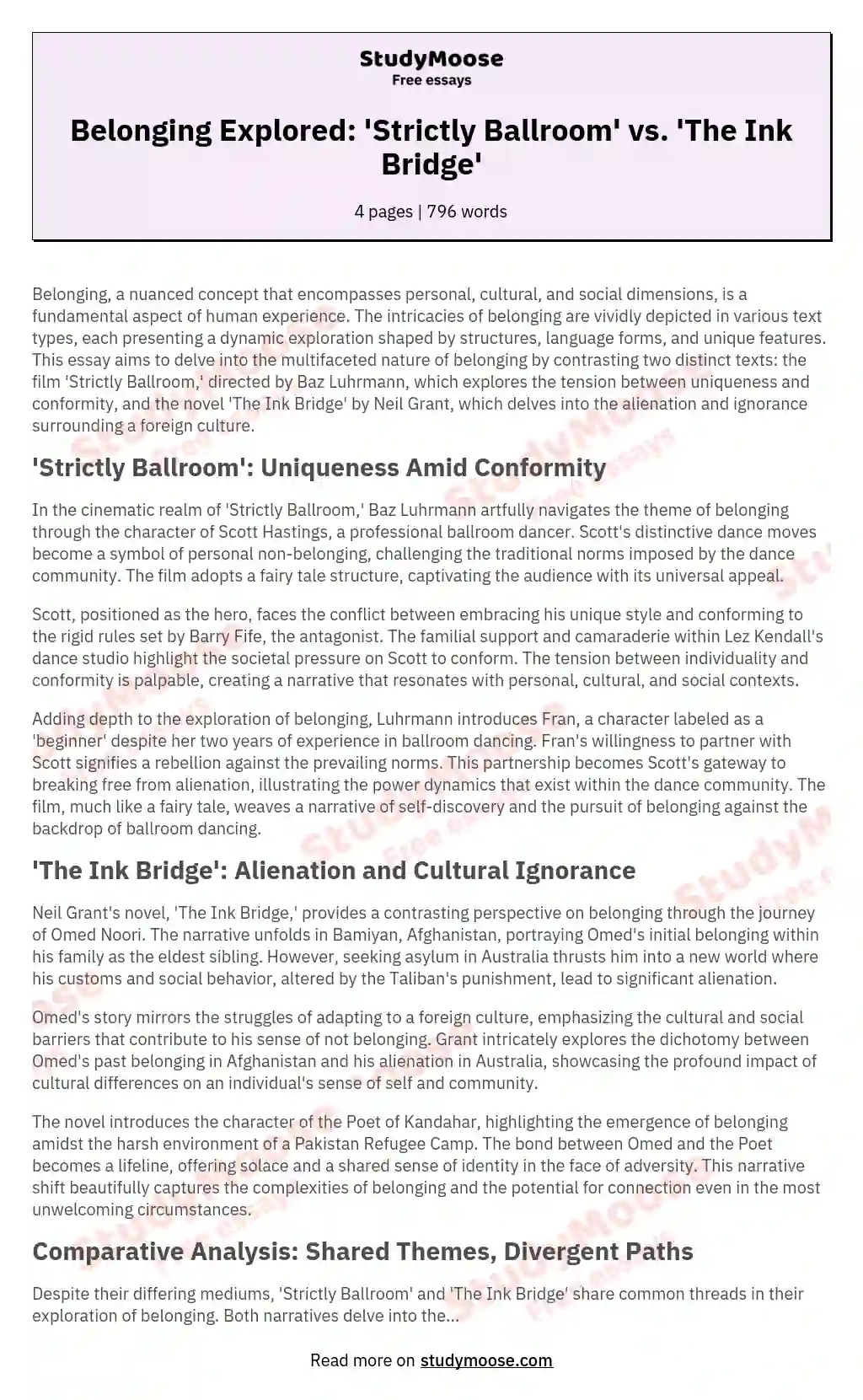 Belonging Explored: 'Strictly Ballroom' vs. 'The Ink Bridge' essay