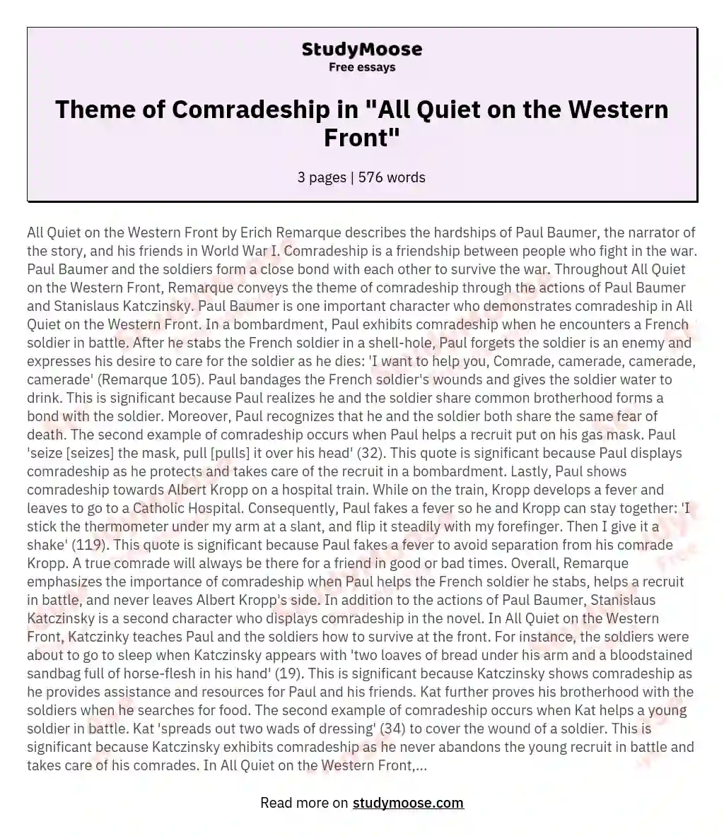 Theme of Comradeship in "All Quiet on the Western Front" essay