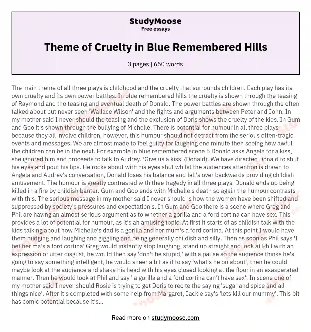 Theme of Cruelty in Blue Remembered Hills essay