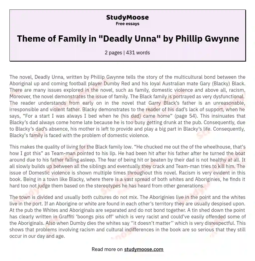 Theme of Family in "Deadly Unna" by Phillip Gwynne essay