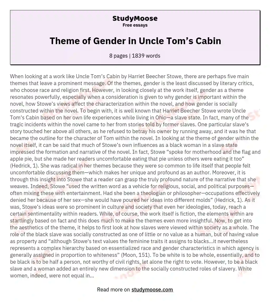 Theme of Gender in Uncle Tom’s Cabin essay