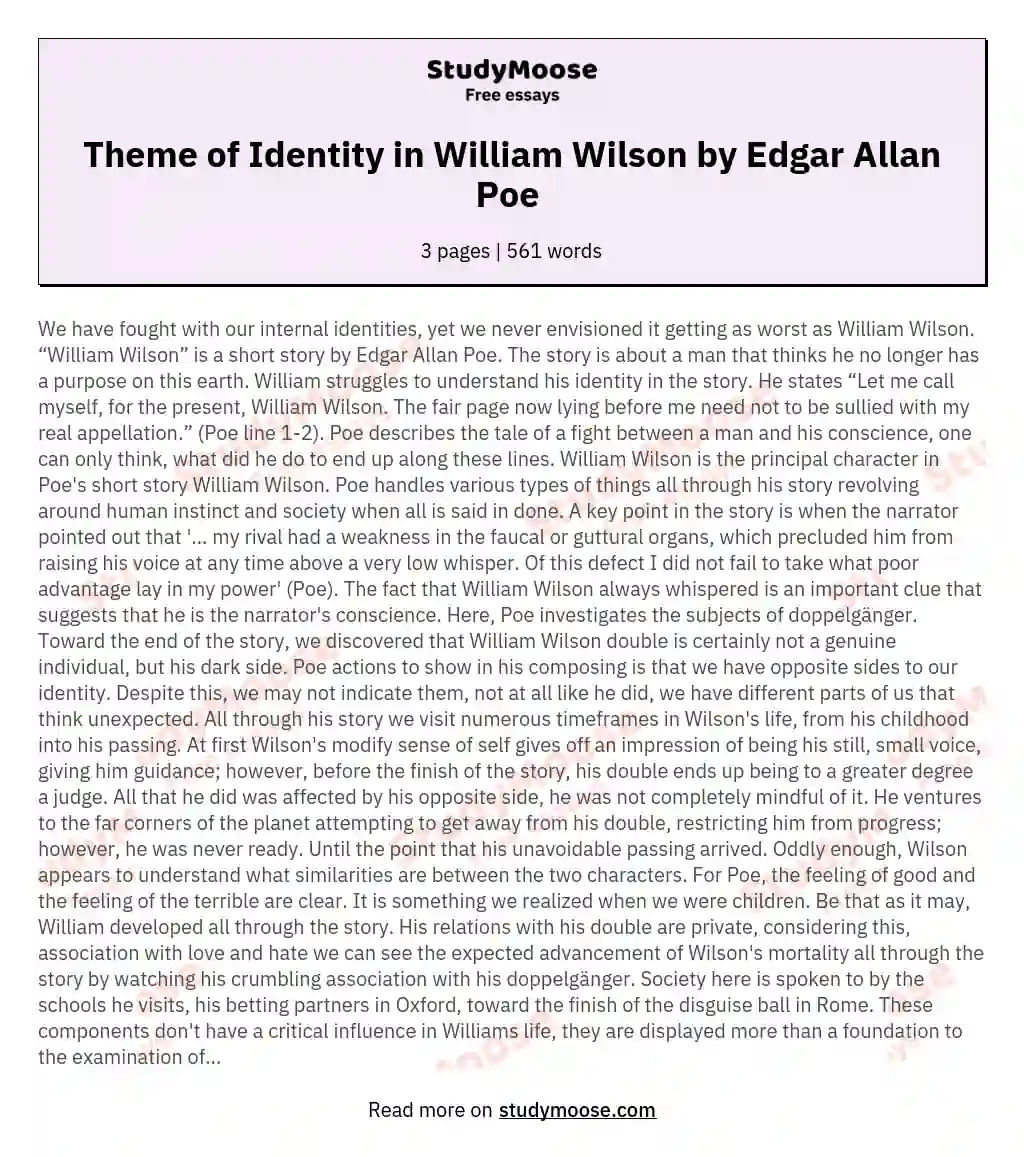 Theme of Identity in William Wilson by Edgar Allan Poe  essay