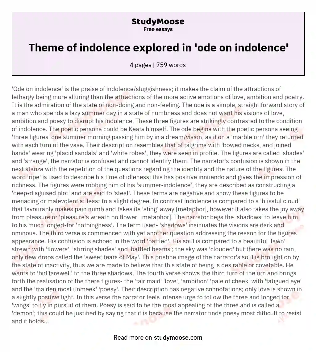 Theme of indolence explored in 'ode on indolence' essay