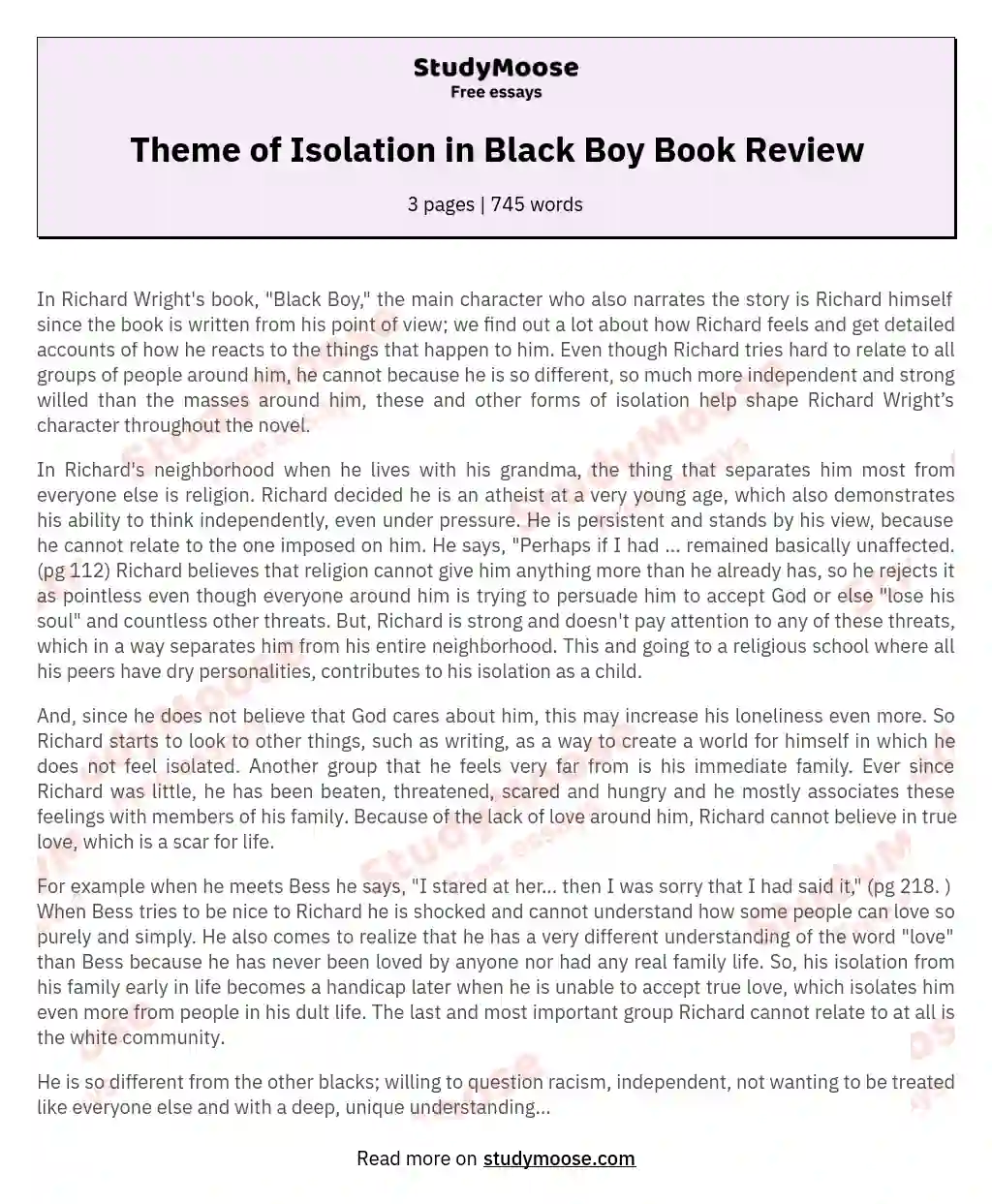 Theme of Isolation in Black Boy Book Review