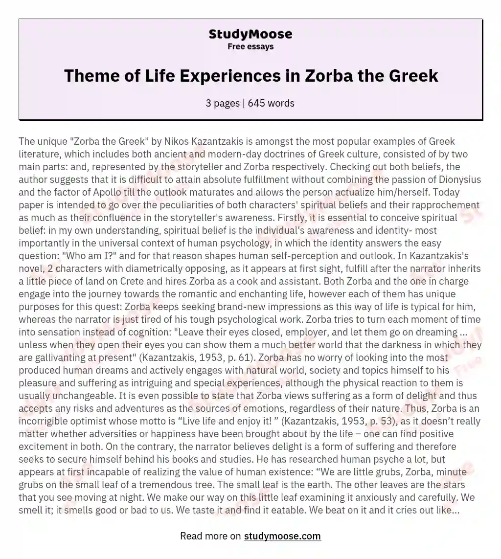 Theme of Life Experiences in Zorba the Greek essay