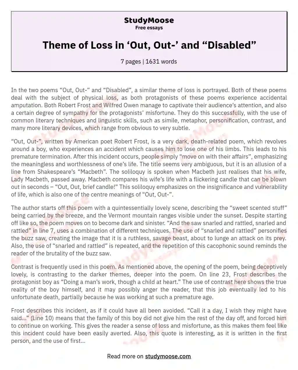 Theme of Loss in ‘Out, Out-’ and “Disabled”