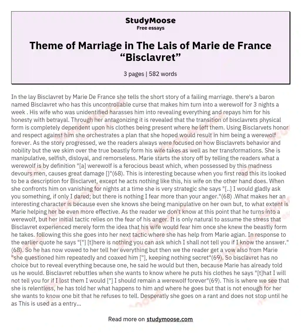 Theme of Marriage in The Lais of Marie de France “Bisclavret” essay