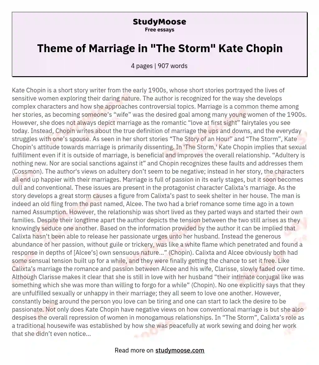 Theme of Marriage in "The Storm" Kate Chopin essay