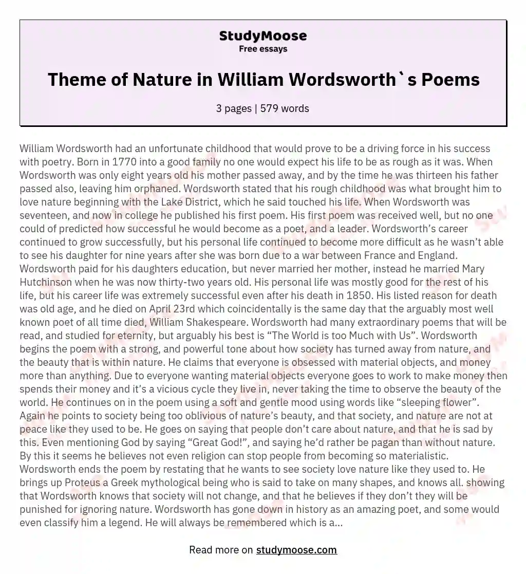 Theme of Nature in William Wordsworth`s Poems essay