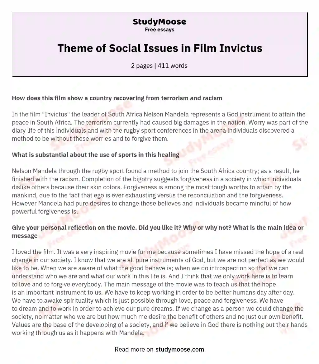Theme of Social Issues in Film Invictus essay