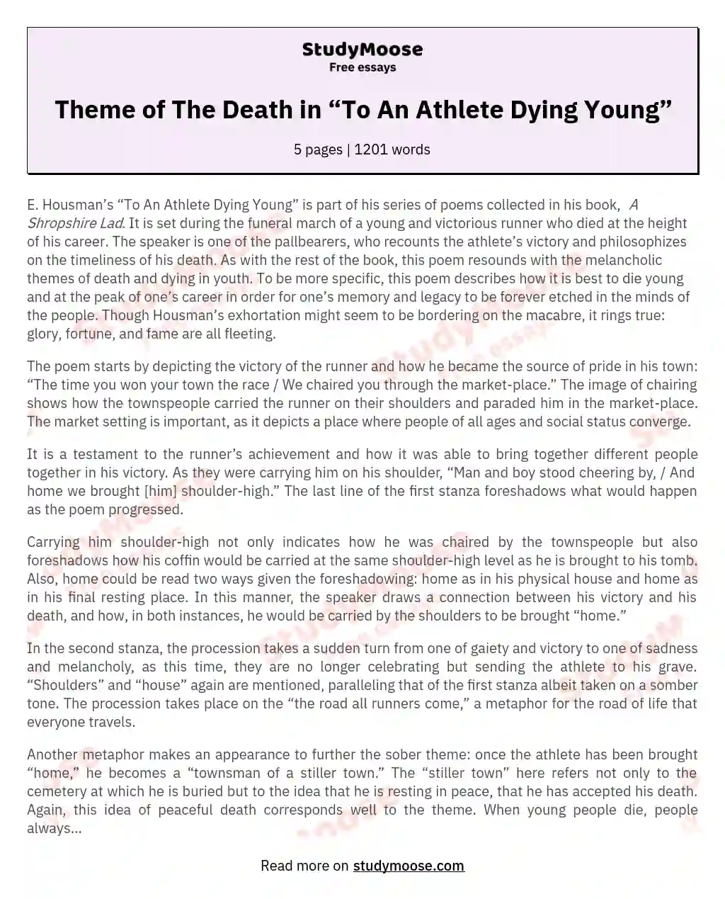 Theme of The Death in “To An Athlete Dying Young”