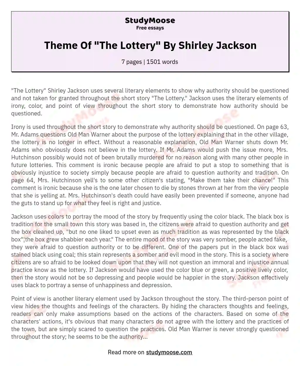 Theme Of "The Lottery" By Shirley Jackson essay