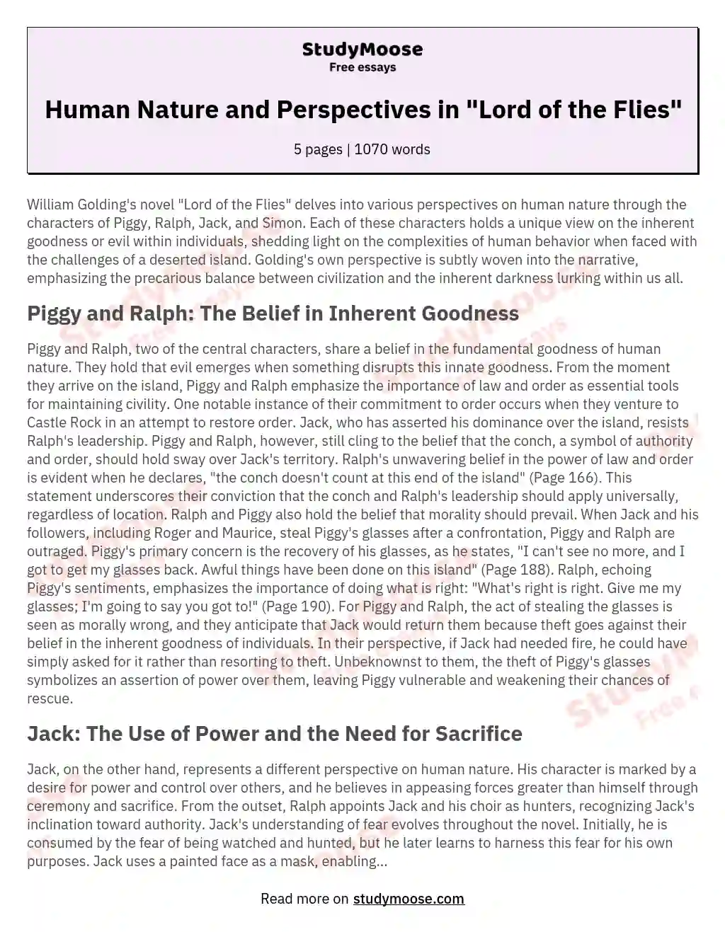 Human Nature and Perspectives in "Lord of the Flies" essay