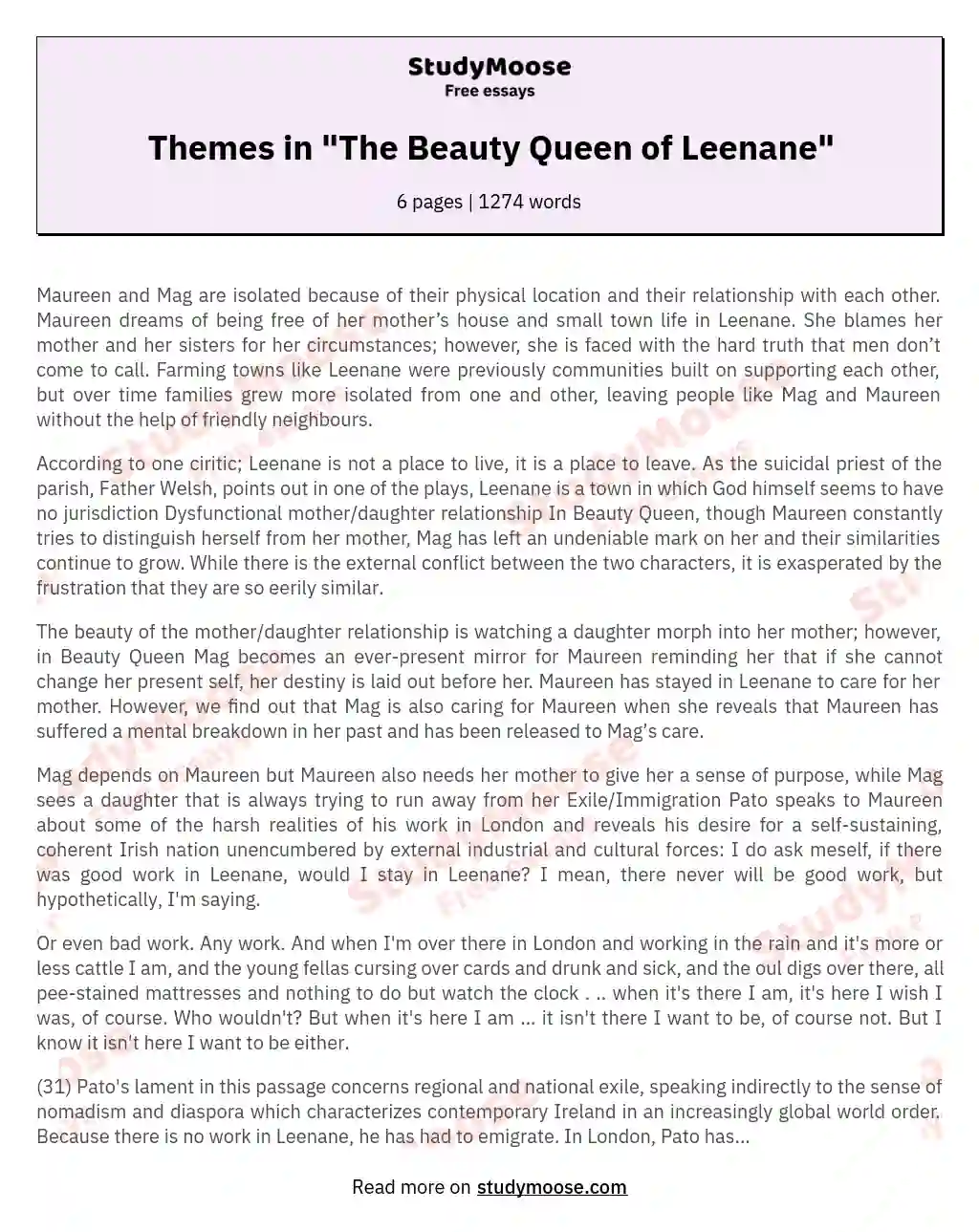 Themes in "The Beauty Queen of Leenane" essay
