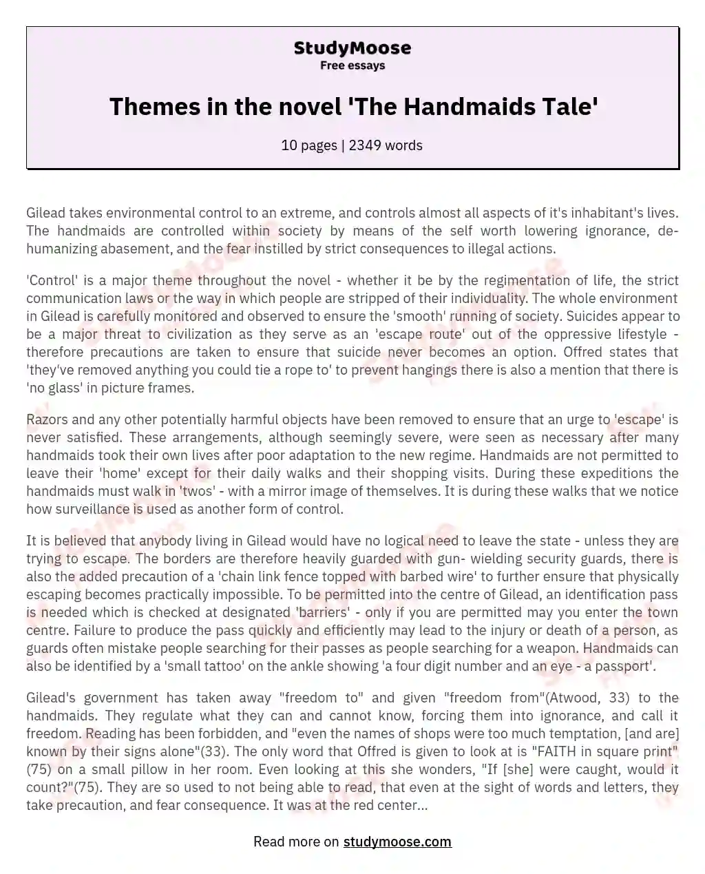 Themes in the novel 'The Handmaids Tale'