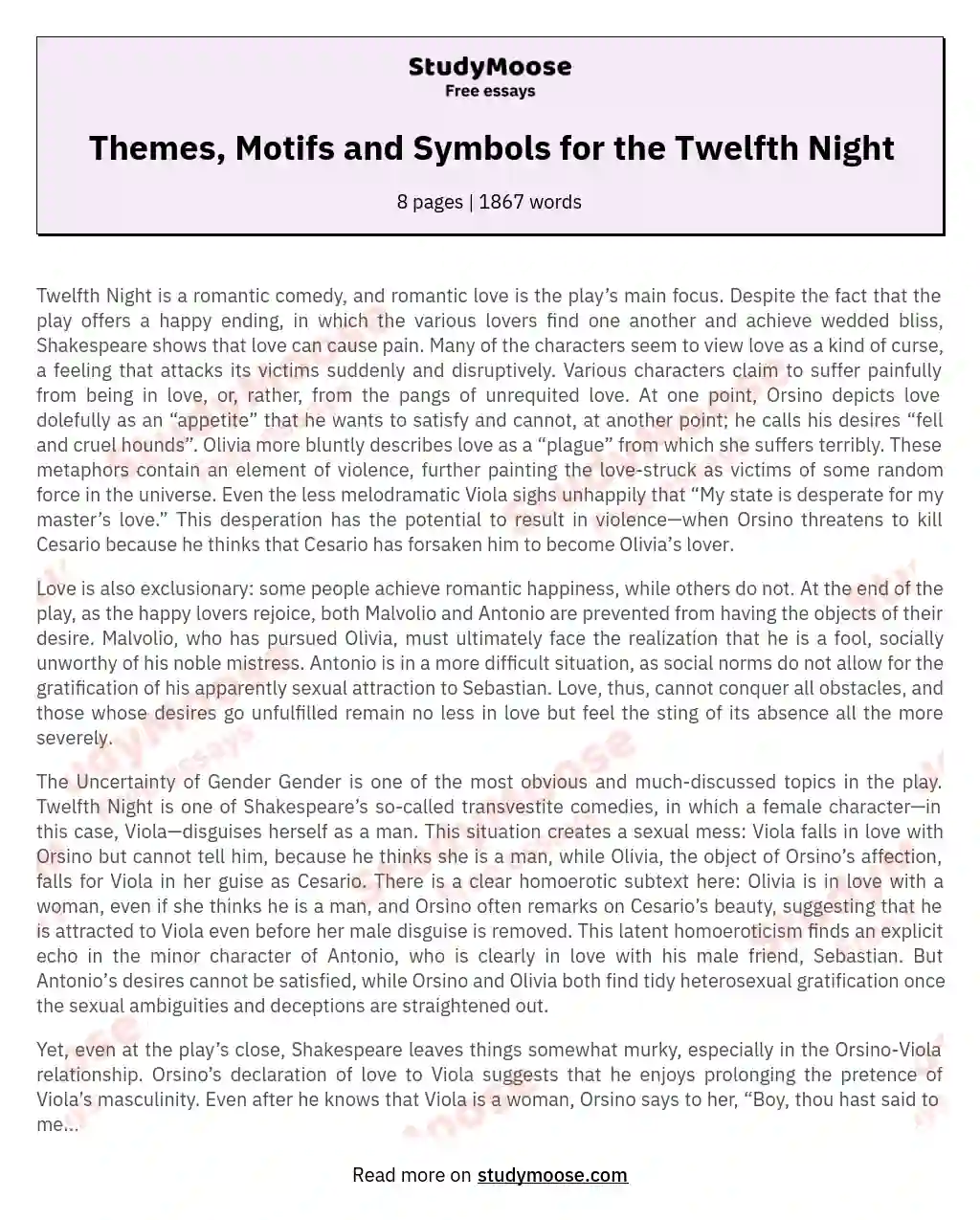 Themes, Motifs and Symbols for the Twelfth Night essay
