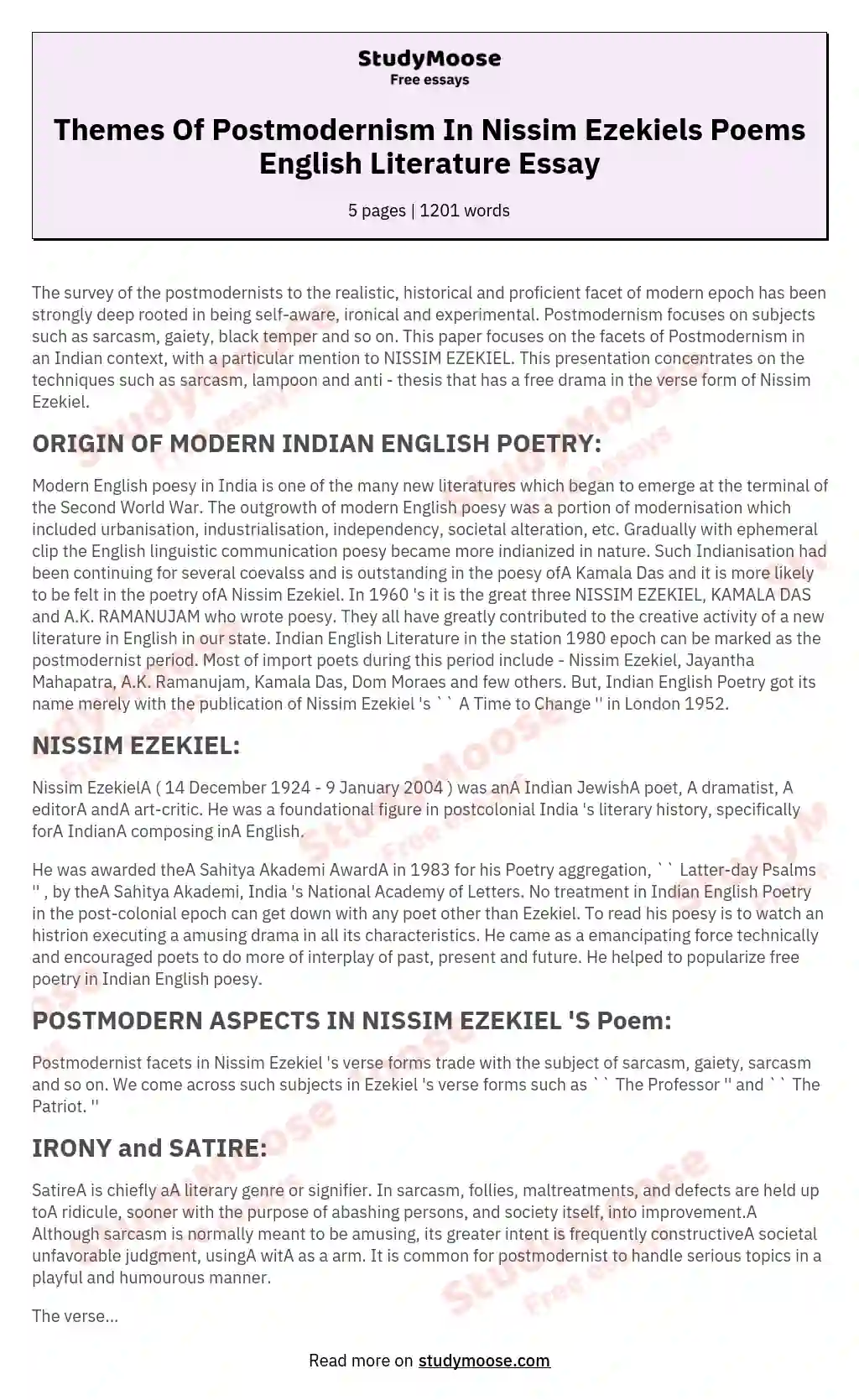 Themes Of Postmodernism In Nissim Ezekiels Poems English Literature Essay essay
