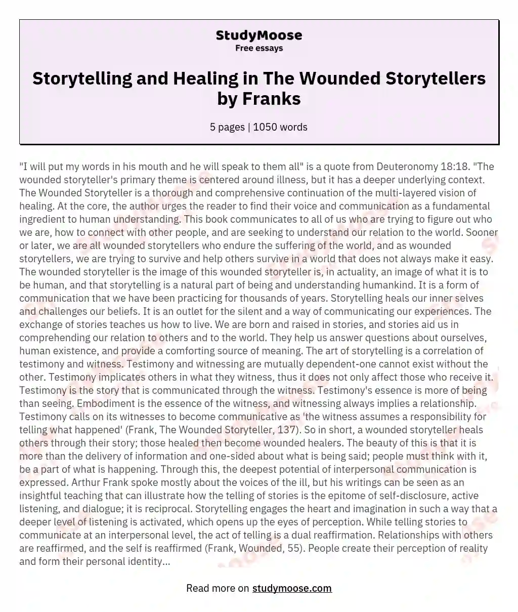 Storytelling and Healing in The Wounded Storytellers by Franks essay