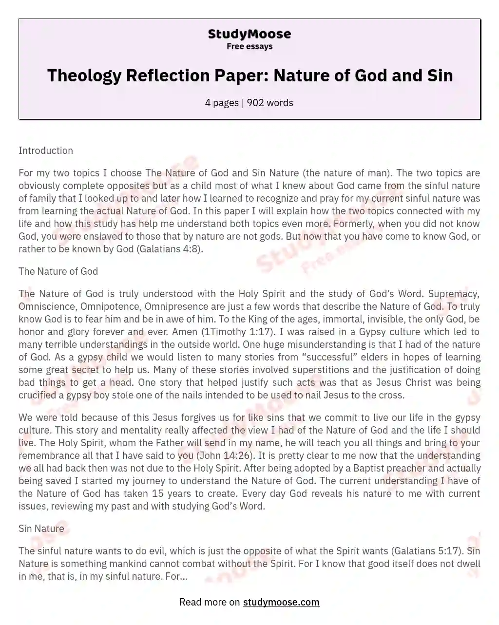 Theology Reflection Paper: Nature of God and Sin