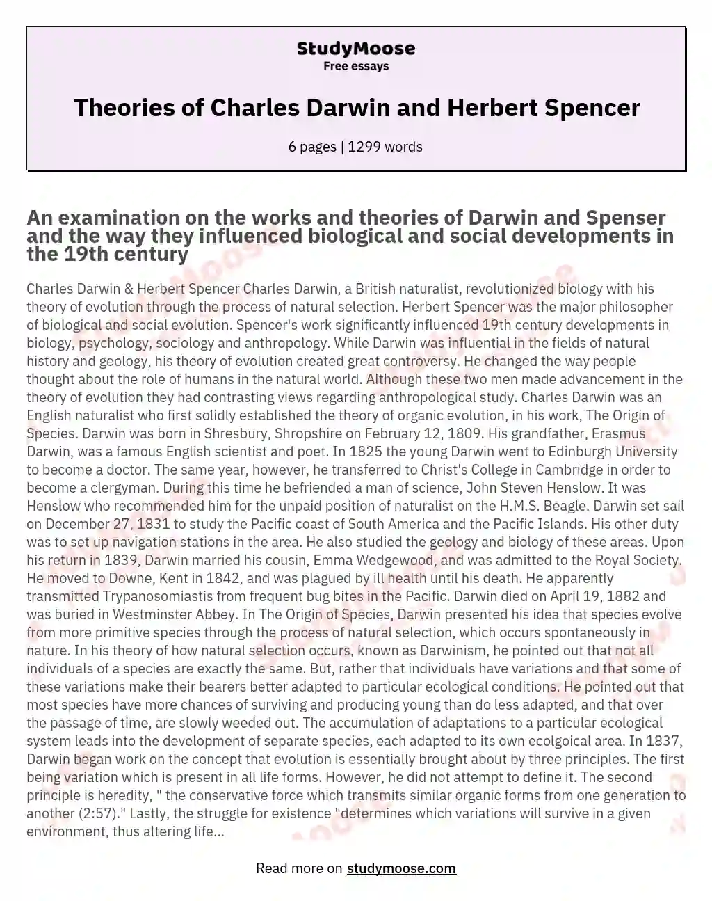 Theories of Charles Darwin and Herbert Spencer essay