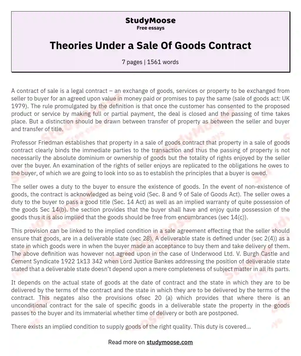Theories Under a Sale Of Goods  Contract essay