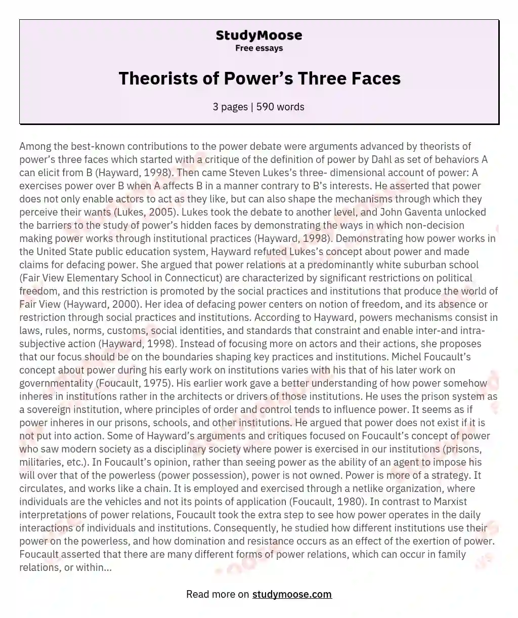 Theorists of Power’s Three Faces essay