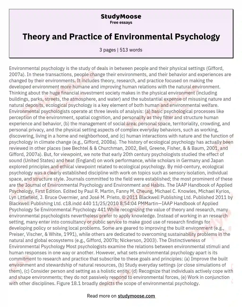 Theory and Practice of Environmental Psychology essay