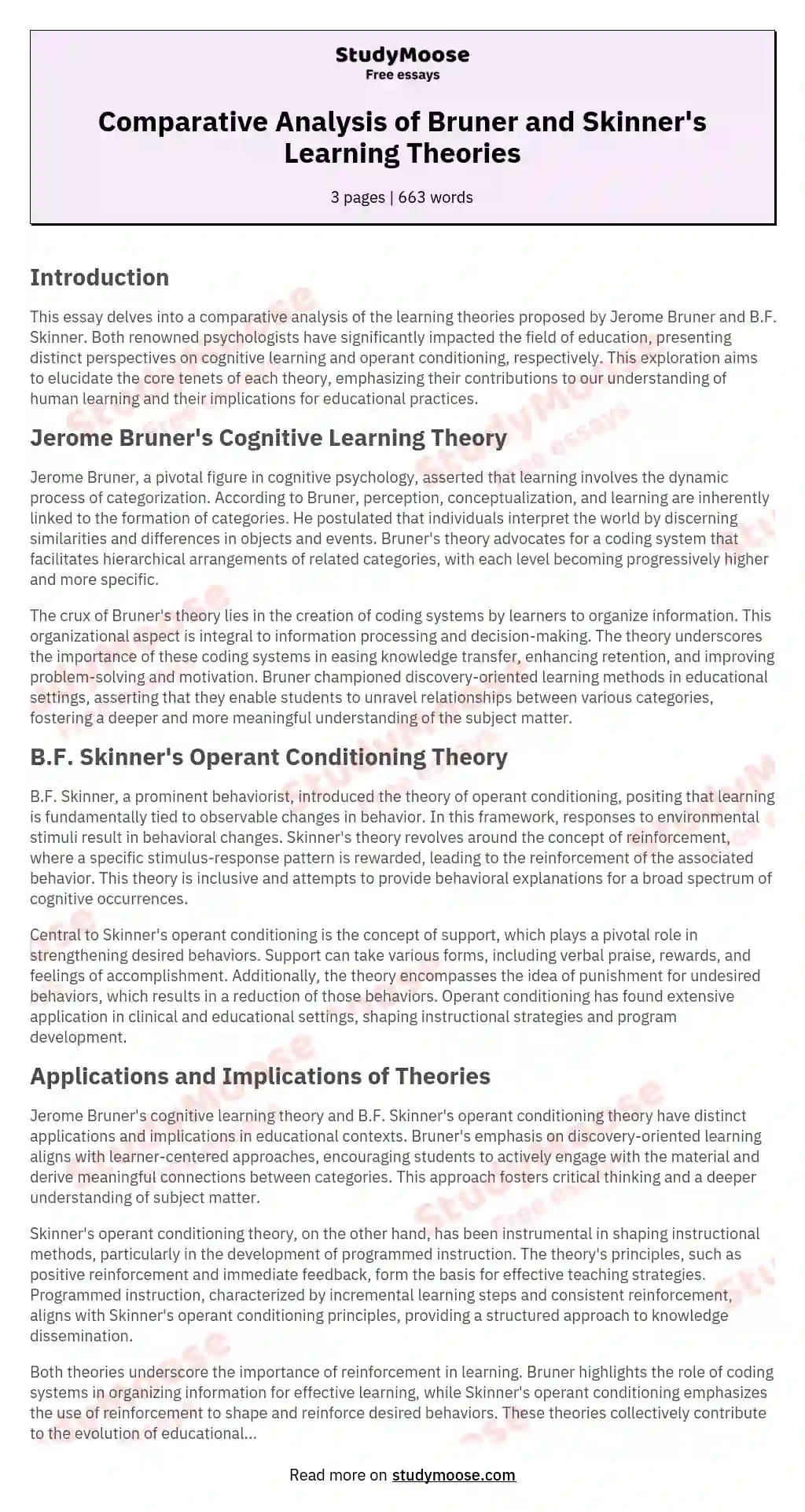 Comparative Analysis of Bruner and Skinner's Learning Theories essay