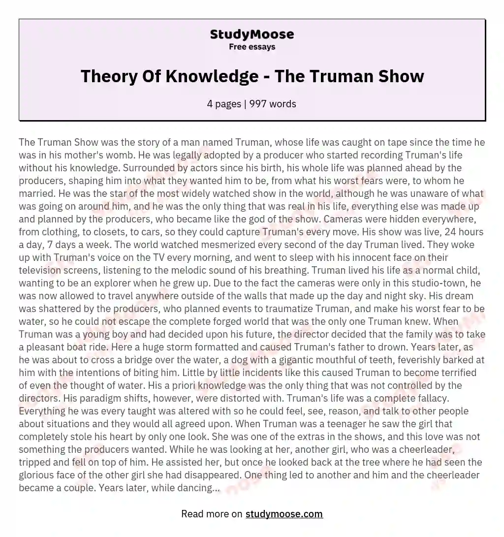 Theory Of Knowledge - The Truman Show essay