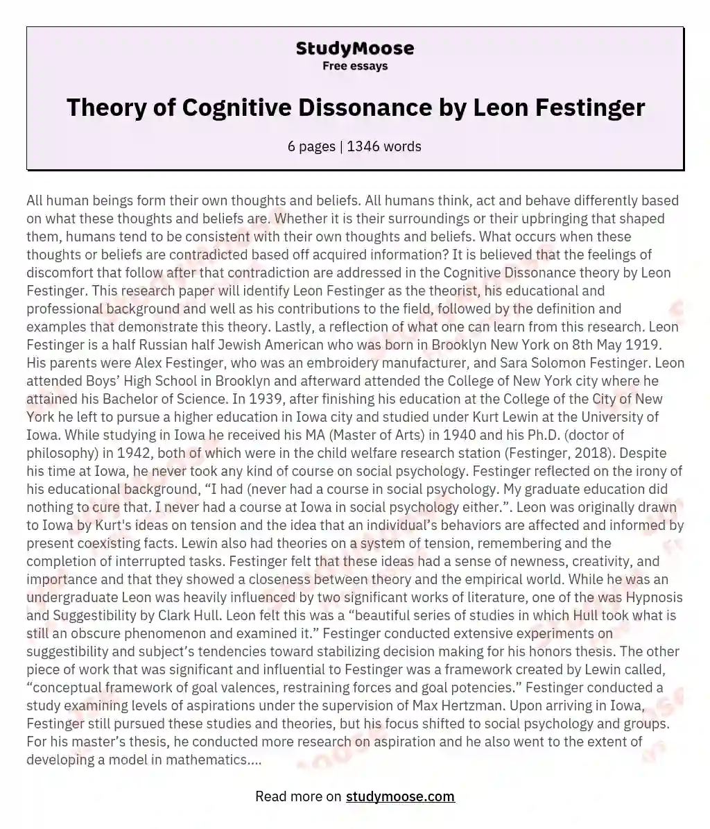 Theory of Cognitive Dissonance by Leon Festinger essay