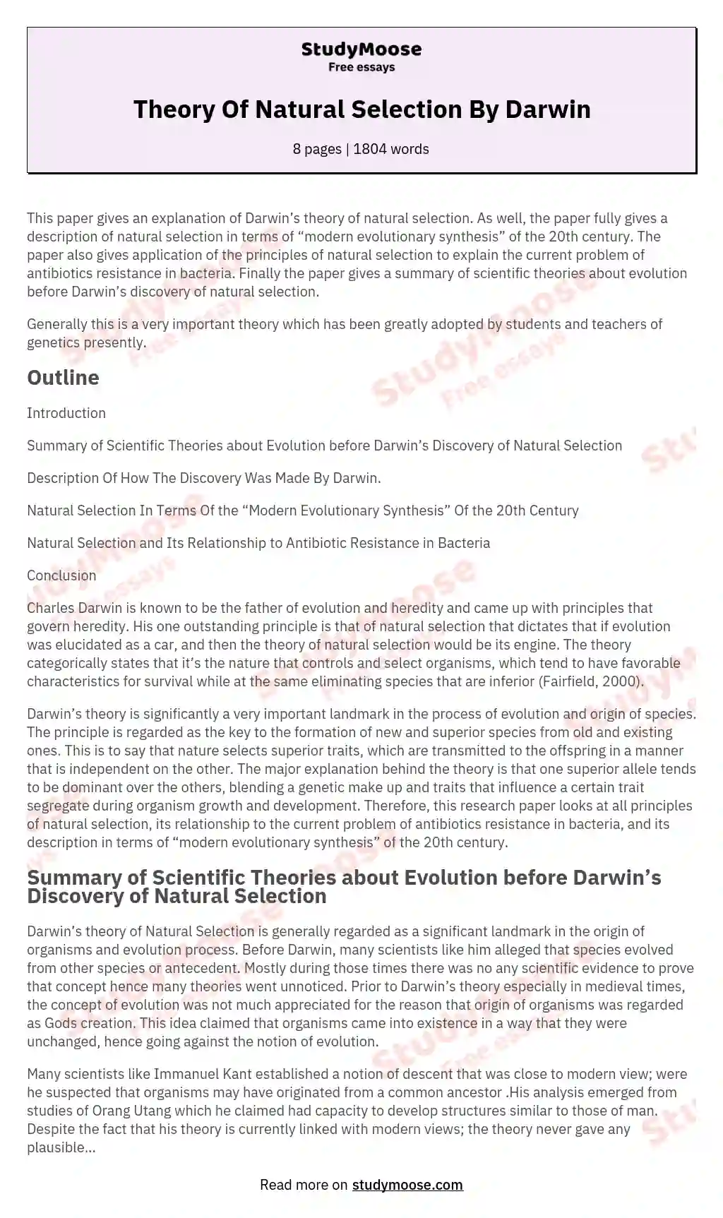 Theory Of Natural Selection By Darwin essay