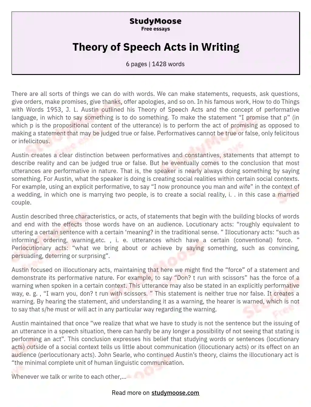 Theory of Speech Acts in Writing essay