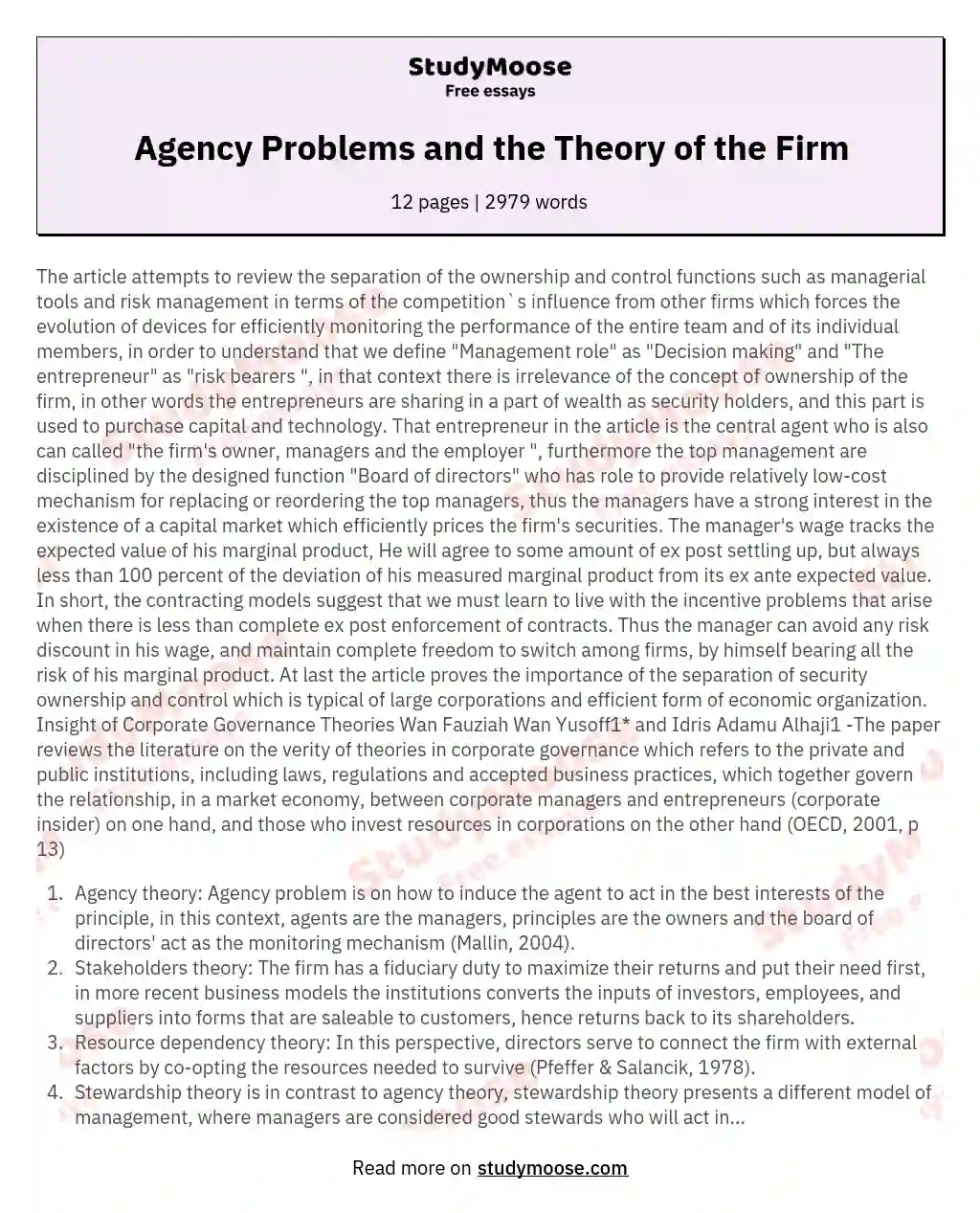Agency Problems and the Theory of the Firm essay
