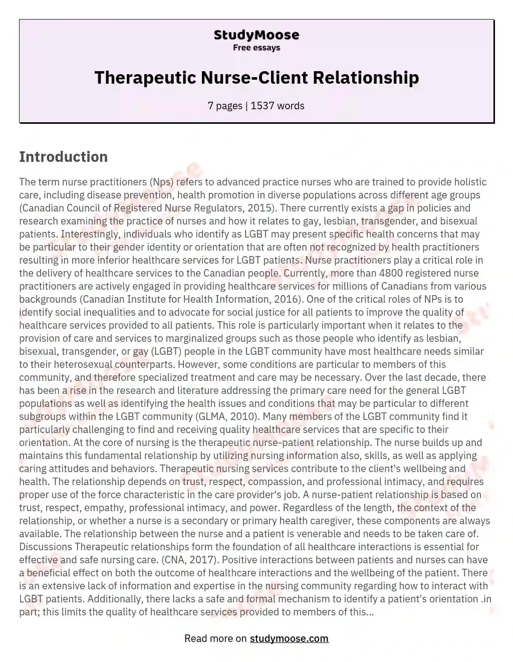 essay on therapeutic relationship in nursing