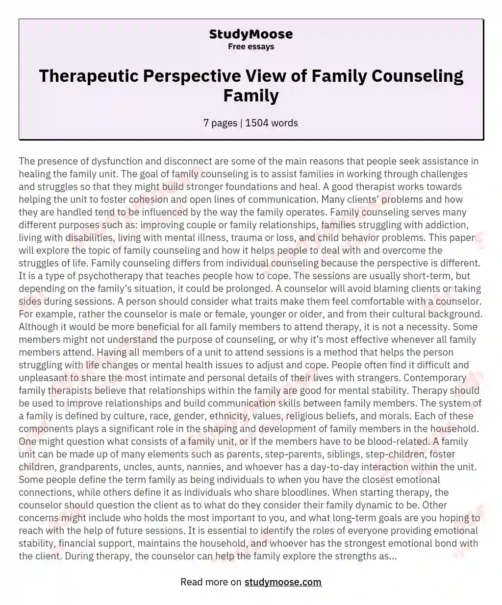 Therapeutic Perspective View of Family Counseling Family essay