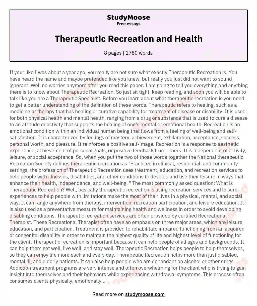Therapeutic Recreation and Health essay