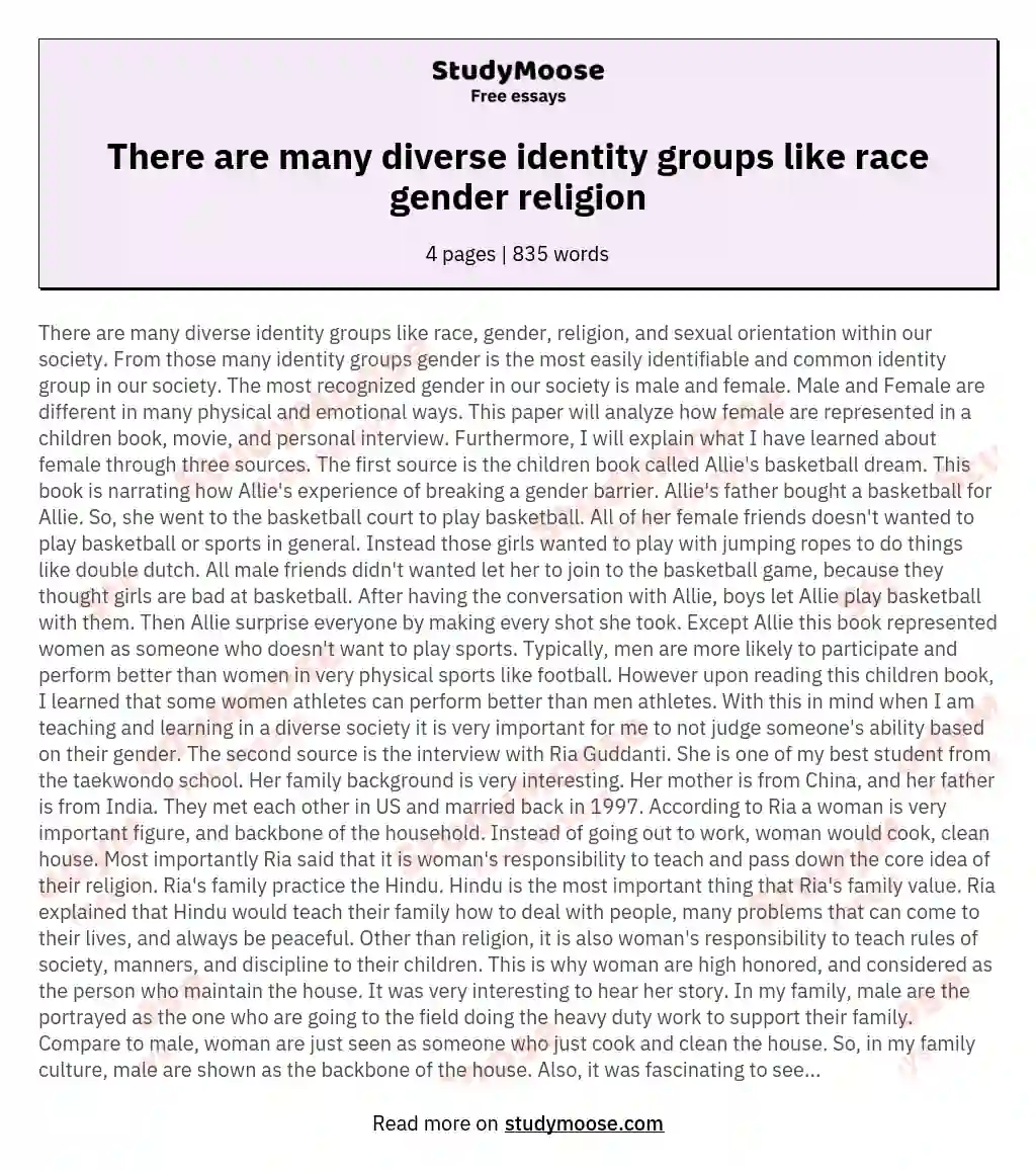 There are many diverse identity groups like race gender religion essay