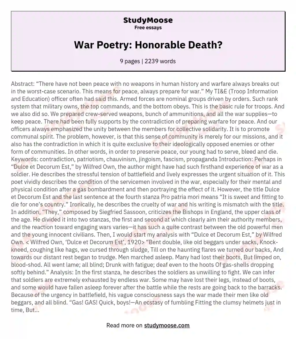 War Poetry: Honorable Death? essay