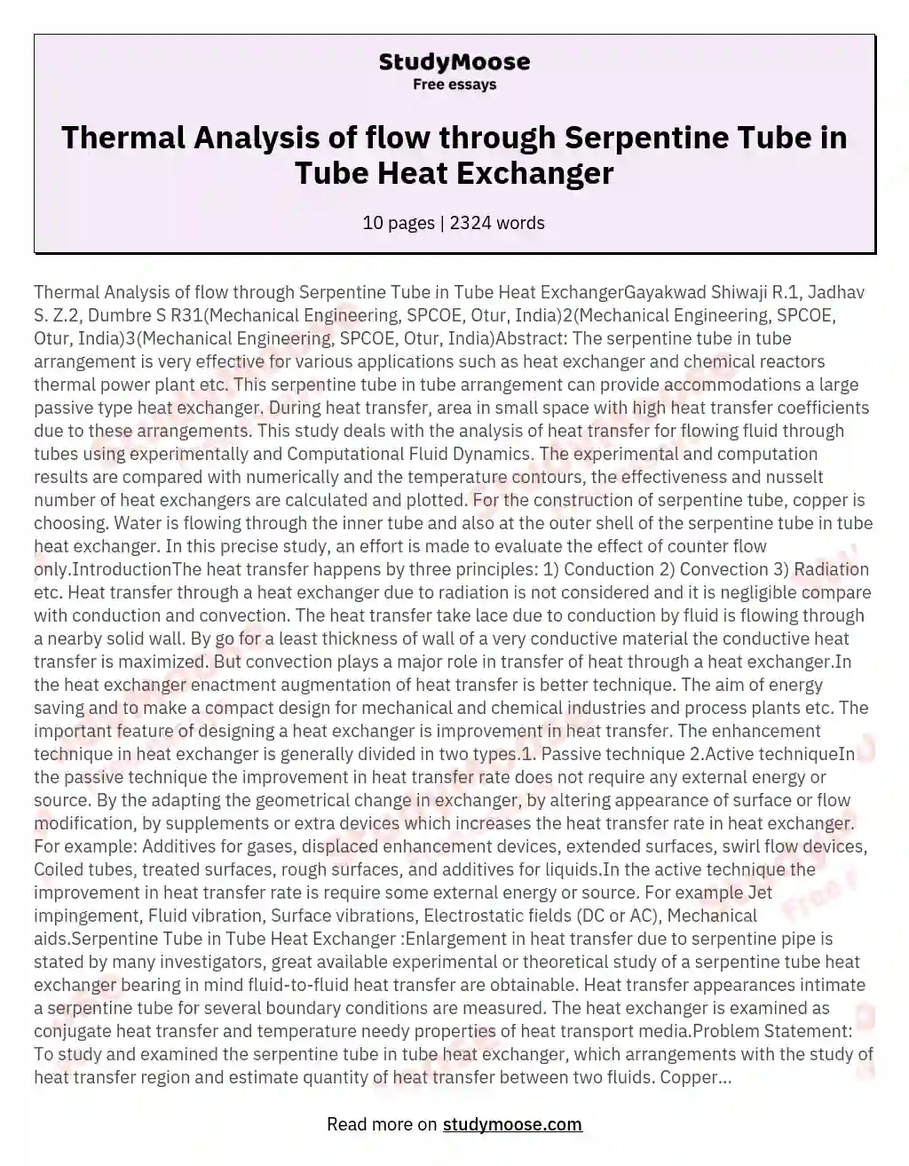 Thermal Analysis of flow through Serpentine Tube in Tube Heat Exchanger essay