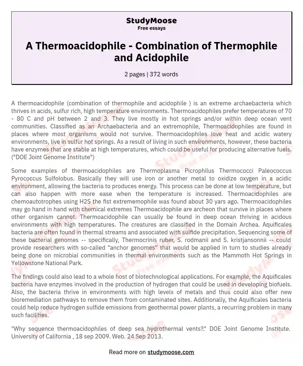 A Thermoacidophile - Combination of Thermophile and Acidophile essay